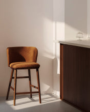 Load image into Gallery viewer, Ciselia terracotta thick chenille stool with solid ash wood legs with walnut-coloured finish FSC Mix Credit 65cm - image 5