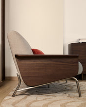 Load image into Gallery viewer, Amsen light brown 2-seater sofa in walnut plywood with brushed stainless steel legs 165cm - image 6