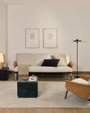 Load image into Gallery viewer, Amsen beige chenille 3-seater sofa in oak plywood with brushed stainless steel legs 205cm - image 5
