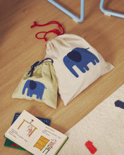 Load image into Gallery viewer, Tandani set of 2 beige and green cotton bags with embroidered blue elephant - image 2