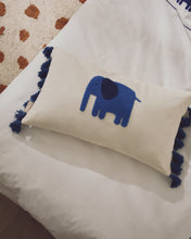 Load image into Gallery viewer, Tandani beige cotton cushion cover with embroidered blue elephant 30 x 50cm - image 2
