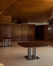 Load image into Gallery viewer, Melvar table made from walnut veneer and legs with brushed stainless steel base 121 x 121cm - image 3