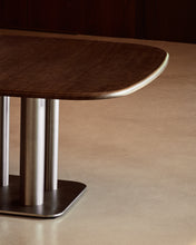 Load image into Gallery viewer, Melvar table made from walnut veneer and legs with brushed stainless steel base 121 x 121cm - image 4