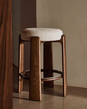 Load image into Gallery viewer, Granite stool in beige chenille and solid ash wood with walnut-coloured finish FSC 100% 65cm - image 5