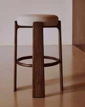 Load image into Gallery viewer, Granite stool in beige chenille and solid ash wood with walnut-coloured finish FSC 100% 75cm - image 8