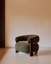 Load image into Gallery viewer, Granite green chenille armchair with solid ash wood legs in a walnut finish FSC 100% - image 5
