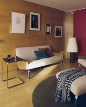 Load image into Gallery viewer, Amsen beige 2-seater sofa in oak plywood with brushed stainless steel legs 165cm - image 7