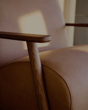 Load image into Gallery viewer, Meghan armchair in brown leather and solid ash wood with walnut-coloured finish FSC Mix Credit - image 6