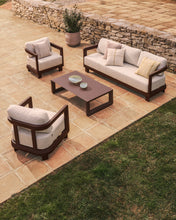 Load image into Gallery viewer, Nerano set with 3-seater sofa, 2 armchairs and coffee table in tempered glass and brown aluminium - image 2