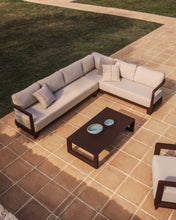 Load image into Gallery viewer, Nerano set with 5-seater corner sofa and coffee table in tempered glass and brown aluminium - image 2