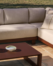 Load image into Gallery viewer, Nerano set with 5-seater corner sofa, armchair and coffee table in tempered glass and brown aluminium - image 3