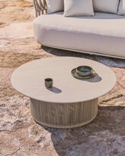 Load image into Gallery viewer, Orosei outdoor coffee table in sintered stone, ecru aluminium and beige rope Ø 90 cm - image 2