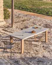 Load image into Gallery viewer, Livorno extendable table in ecru aluminium with wood-effect legs 233(350) x 100cm - image 4