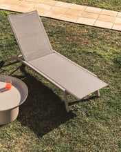 Load image into Gallery viewer, Stackable Capraia sun lounger in taupe aluminium with brown texteline - image 7