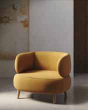 Load image into Gallery viewer, Luisa fire-retardant mustard bouclé armchair with solid beech wood legs 90cm - image 4