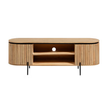 Load image into Gallery viewer, Licia solid mango wood TV stand with 2 doors and black finish metal, 160 x 56 cm