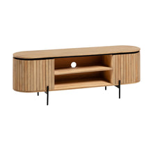 Load image into Gallery viewer, Licia solid mango wood TV stand with 2 doors and black finish metal, 160 x 56 cm - image 2