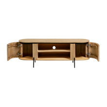 Load image into Gallery viewer, Licia solid mango wood TV stand with 2 doors and black finish metal, 160 x 56 cm - image 4