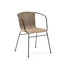 Load image into Gallery viewer, Eltiera stackable chair in synthetic rattan with black steel frame and armrests