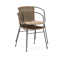 Load image into Gallery viewer, Eltiera stackable chair in synthetic rattan with black steel frame and armrests - image 3