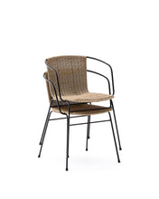 Load image into Gallery viewer, Eltiera stackable chair in synthetic rattan with black steel frame and armrests - image 4