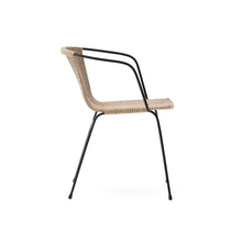 Load image into Gallery viewer, Eltiera stackable chair in synthetic rattan with black steel frame and armrests - image 5