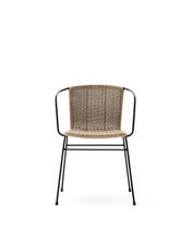 Load image into Gallery viewer, Eltiera stackable chair in synthetic rattan with black steel frame and armrests - image 8