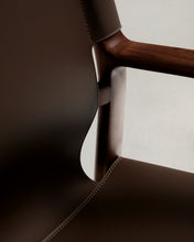 Load image into Gallery viewer, Jan chair made of dark brown recycled leather fibres and FSC 100% solid ash wood with walnut-coloured finish - image 10