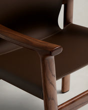 Load image into Gallery viewer, Jan chair made of dark brown recycled leather fibres and FSC 100% solid ash wood with walnut-coloured finish - image 11