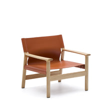 Load image into Gallery viewer, Jan armchair made of light brown recycled leather fibres and FSC 100% solid ash wood with natural tone finish