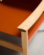 Load image into Gallery viewer, Jan armchair made of light brown recycled leather fibres and FSC 100% solid ash wood with natural tone finish - image 12