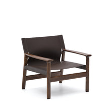 Load image into Gallery viewer, Jan armchair made of dark brown recycled leather fibres and FSC 100% solid ash wood with walnut-coloured finish