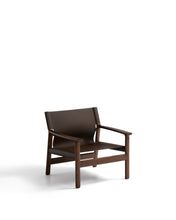 Load image into Gallery viewer, Jan armchair made of dark brown recycled leather fibres and FSC 100% solid ash wood with walnut-coloured finish - image 2