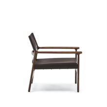 Load image into Gallery viewer, Jan armchair made of dark brown recycled leather fibres and FSC 100% solid ash wood with walnut-coloured finish - image 3
