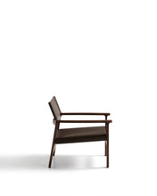 Load image into Gallery viewer, Jan armchair made of dark brown recycled leather fibres and FSC 100% solid ash wood with walnut-coloured finish - image 4