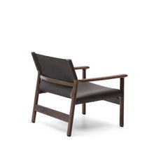 Load image into Gallery viewer, Jan armchair made of dark brown recycled leather fibres and FSC 100% solid ash wood with walnut-coloured finish - image 5