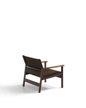 Load image into Gallery viewer, Jan armchair made of dark brown recycled leather fibres and FSC 100% solid ash wood with walnut-coloured finish - image 6