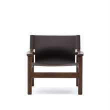 Load image into Gallery viewer, Jan armchair made of dark brown recycled leather fibres and FSC 100% solid ash wood with walnut-coloured finish - image 7