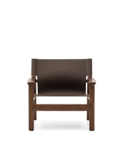 Load image into Gallery viewer, Jan armchair made of dark brown recycled leather fibres and FSC 100% solid ash wood with walnut-coloured finish - image 8