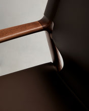Load image into Gallery viewer, Jan armchair made of dark brown recycled leather fibres and FSC 100% solid ash wood with walnut-coloured finish - image 15