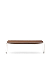 Load image into Gallery viewer, Tarsel bench in walnut veneer with brushed stainless steel structure 142cm