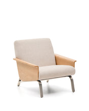 Load image into Gallery viewer, Amsen beige armchair in oak plywood with legs in brushed stainless steel