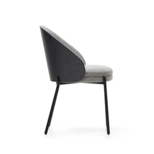 Load image into Gallery viewer, Eamy chair light grey chenilla and ash wood veneer with a black finish and black metal - image 3
