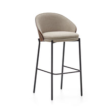 Load image into Gallery viewer, Eamy stool light brown chenille and ash wood veneer with a walnut finish and black metal 77 cm