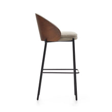 Load image into Gallery viewer, Eamy stool light brown chenille and ash wood veneer with a walnut finish and black metal 77 cm - image 4