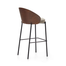 Load image into Gallery viewer, Eamy stool light brown chenille and ash wood veneer with a walnut finish and black metal 77 cm - image 6