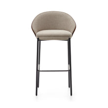 Load image into Gallery viewer, Eamy stool light brown chenille and ash wood veneer with a walnut finish and black metal 77 cm - image 8