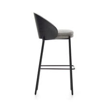 Load image into Gallery viewer, Eamy stool light grey chenille and ash wood veneer with a black finish and black metal, 77 cm - image 3
