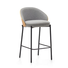 Load image into Gallery viewer, Eamy stool light grey chenille and ash wood veneer with a natural finish and black metal, 65 cm