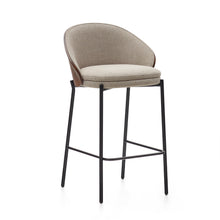 Load image into Gallery viewer, Eamy stool in light brown chenille with ash veneer in walnut finish and black metal 65 cm